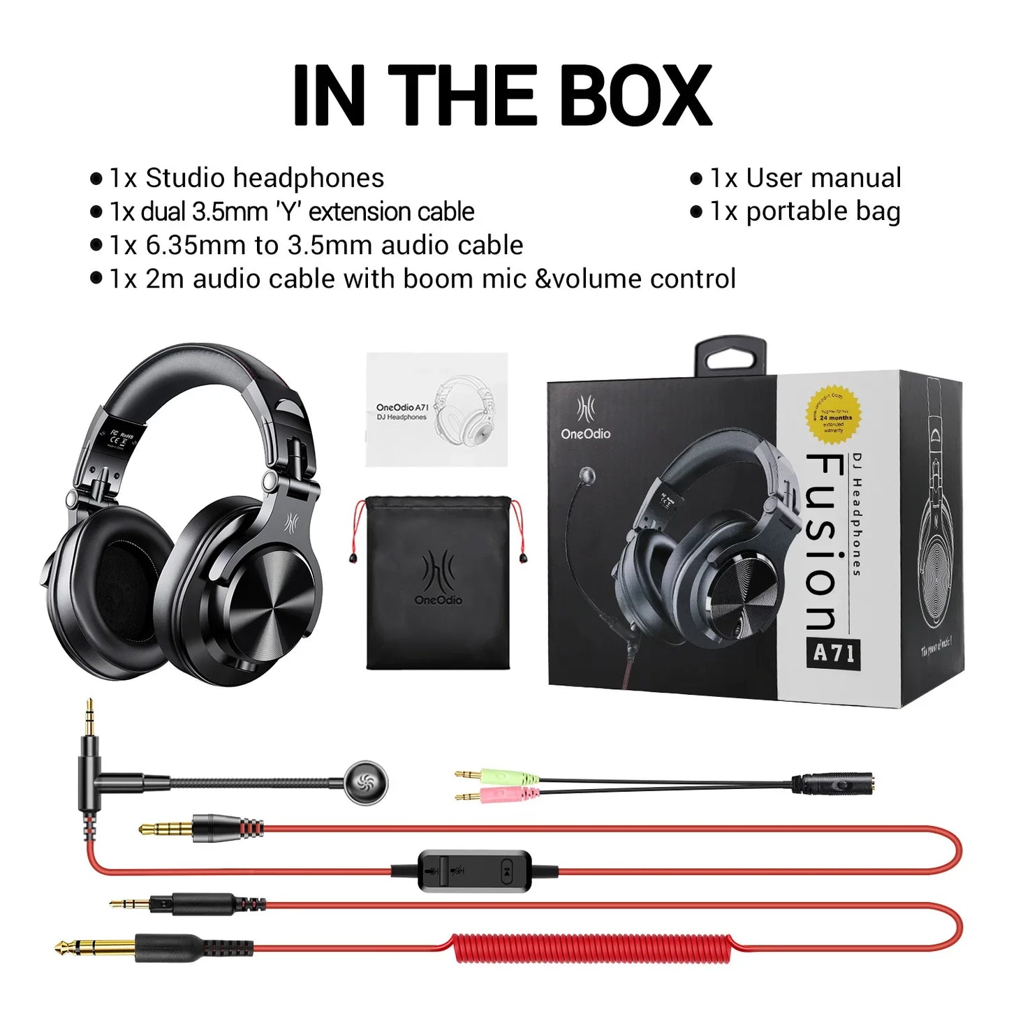 Black oneodio a71 professional studio dj headphones with metallic accents and microphone stereo headphone for monitoring recording