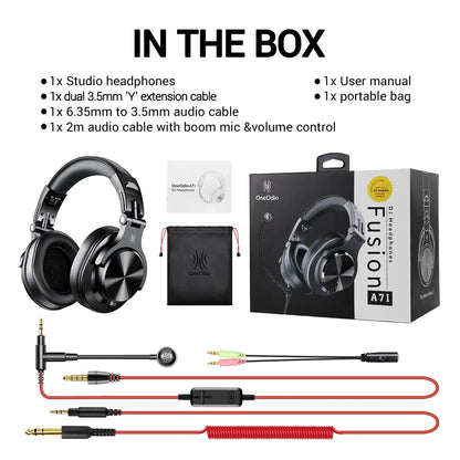 Black oneodio a71 professional studio dj headphones with metallic accents and microphone stereo headphone for monitoring recording