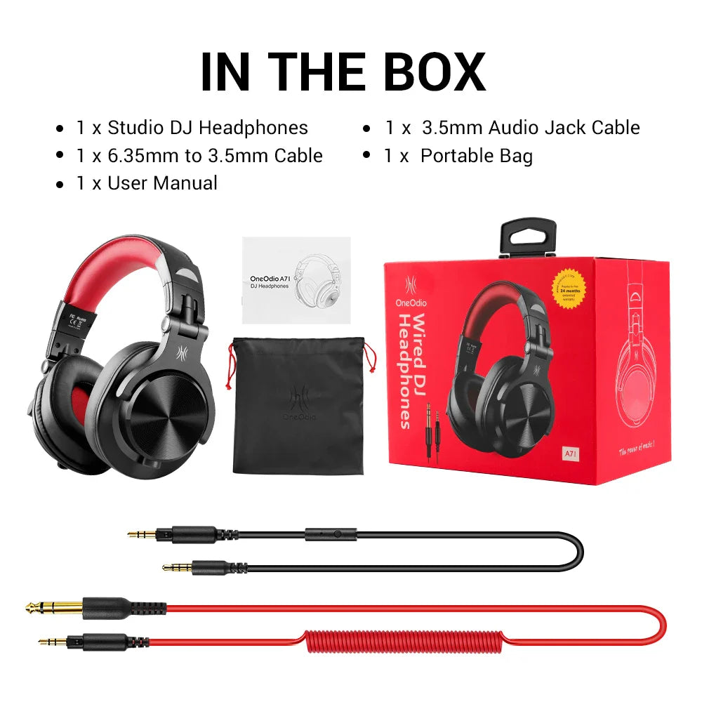 Red and black oneodio a71 professional studio dj headphones with a sleek metallic finish and microphone stereo headphone design