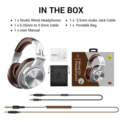Silver and brown oneodio a71 professional studio dj headphones with sleek metallic headband and microphone stereo headphone