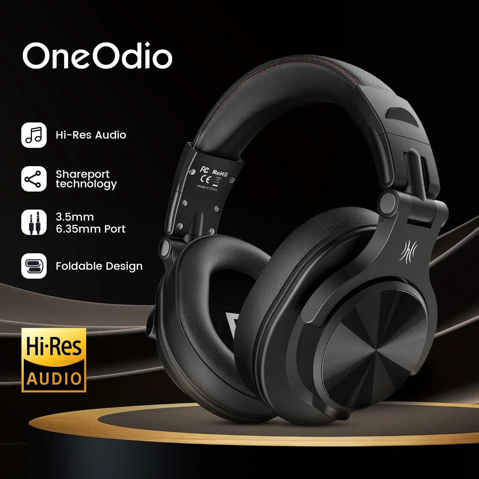 Black Oneodio A71 professional studio DJ headphones with foldable design, metallic accents, and microphone stereo headphone