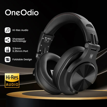 Black Oneodio A71 professional studio DJ headphones with foldable design, metallic accents, and microphone stereo headphone
