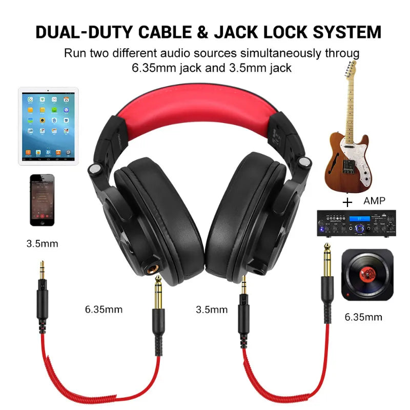 Red and black oneodio a71 professional studio dj headphones with dual-duty cable and microphone stereo headphone features