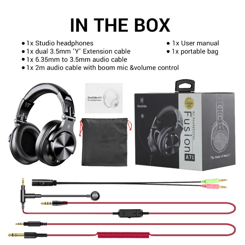 Oneodio A71 wired black over ear studio monitor headphones with metallic silver accents for balanced sound and maximum comfort