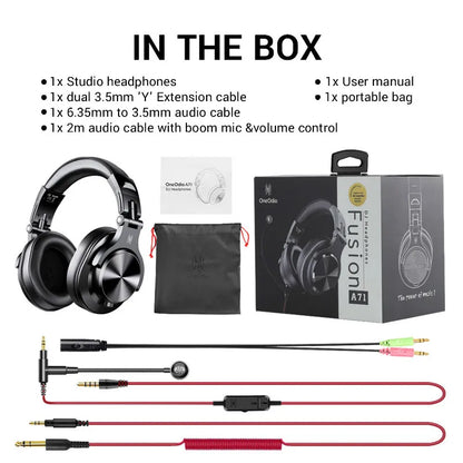 Oneodio A71 wired black over ear studio monitor headphones with metallic silver accents for balanced sound and maximum comfort