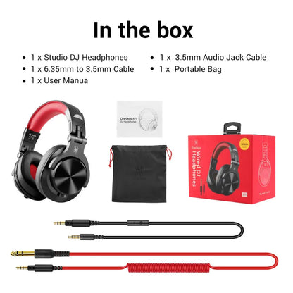 Red and black Oneodio A71 wired over ear studio DJ headphones with sleek metallic finish offer balanced sound and maximum comfort