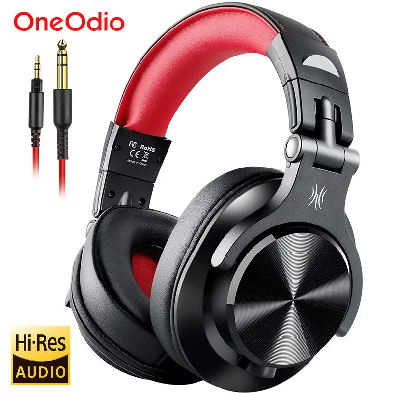 Oneodio A71 black and red wired over ear monitor headphones with metallic earcups and cushioned pads for maximum comfort and balanced sound