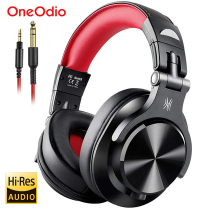 Oneodio A71 black and red wired over ear monitor headphones with metallic earcups and cushioned pads for maximum comfort and balanced sound