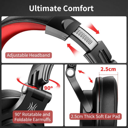 Oneodio A71 wired black and red over ear monitor headphones with 90° foldable earmuffs and maximum comfort ear pads