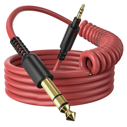 Red coiled oneodio audio cable with black and gold connectors for studio dj headphone guitar music player use