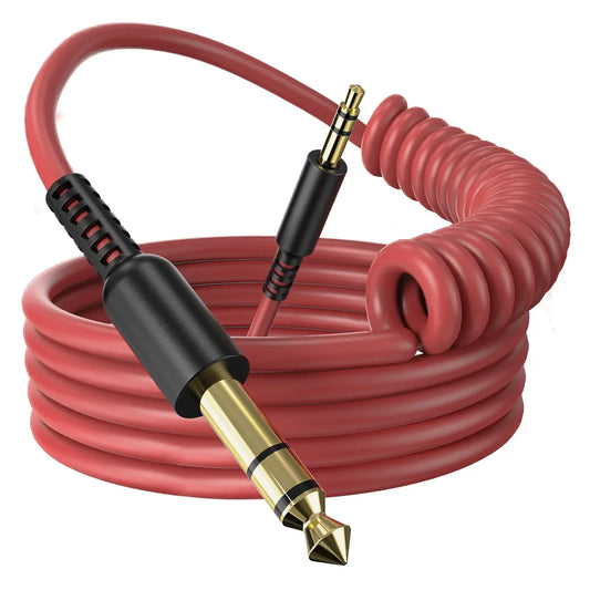 Red coiled oneodio audio cables with gold-plated 3.5mm connectors for studio dj headphone guitar music player use