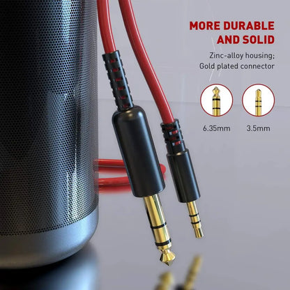 Red oneodio audio cables with gold-plated 6.35mm and 3.5mm jacks and zinc-alloy housing for studio dj headphone and guitar music player