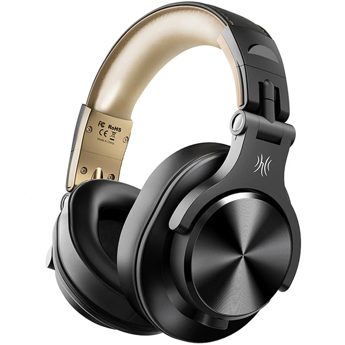 Black over-ear oneodio fusion a70 headphones with gold-accented headband and brushed metal earcups for professional studio monitor use