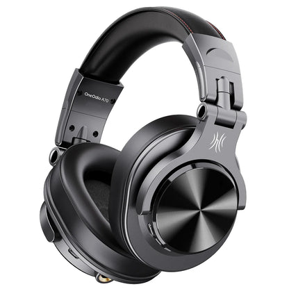 Black oneodio fusion a70 bluetooth over-ear headphones with sleek metallic finish and padded headband for studio use