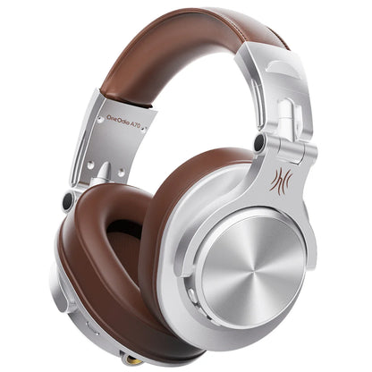 Silver and brown oneodio fusion a70 bluetooth over ear headphones with leather headband and professional studio monitor design