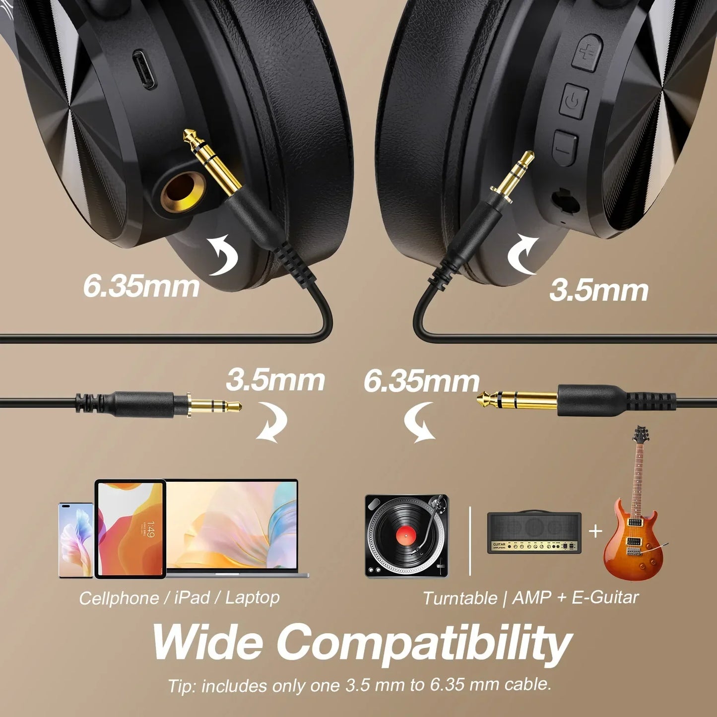 Black oneodio fusion a70 over-ear bluetooth headphones with gold-plated jacks and control buttons professional studio monitor