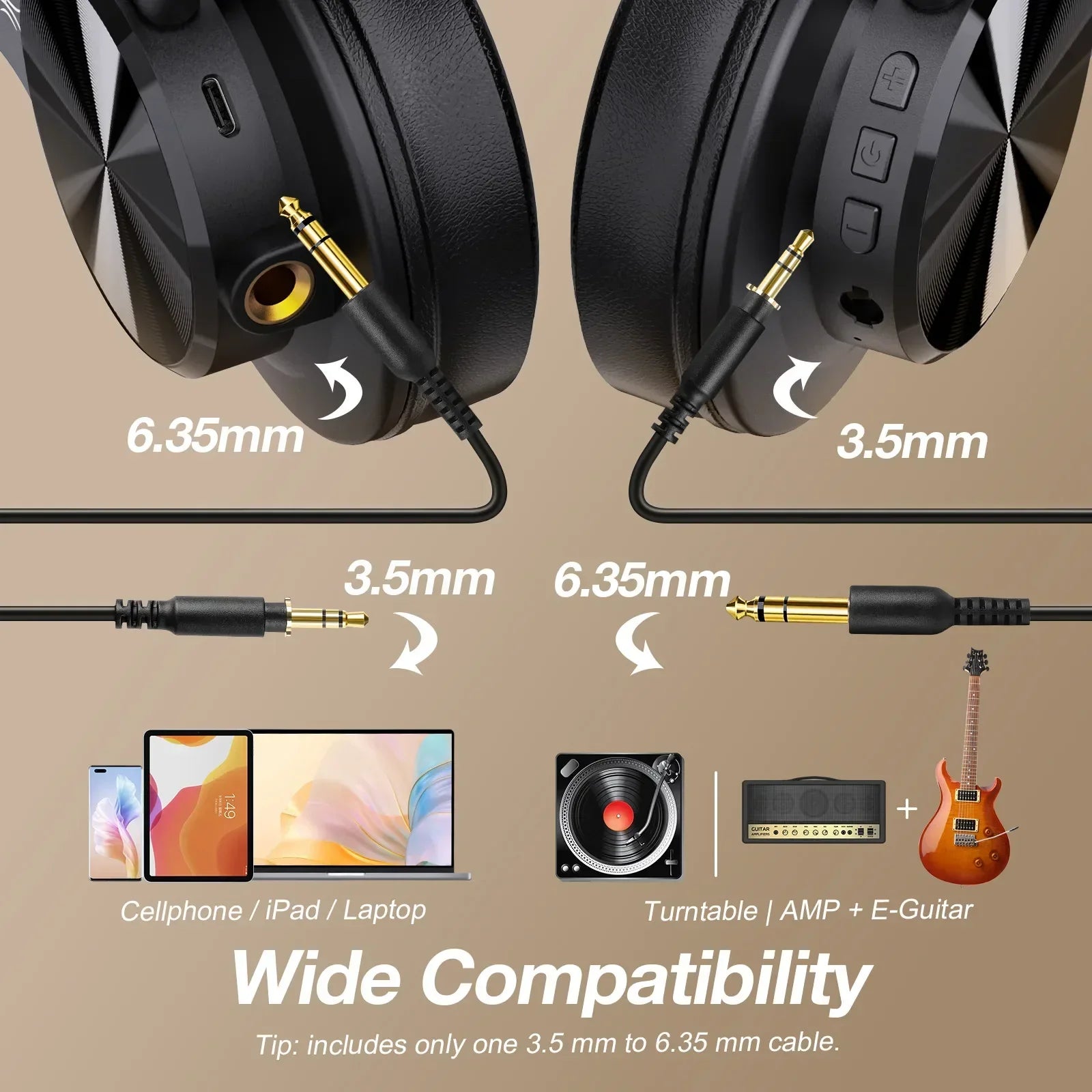 Black oneodio fusion a70 over-ear bluetooth headphones with gold-plated jacks and control buttons professional studio monitor
