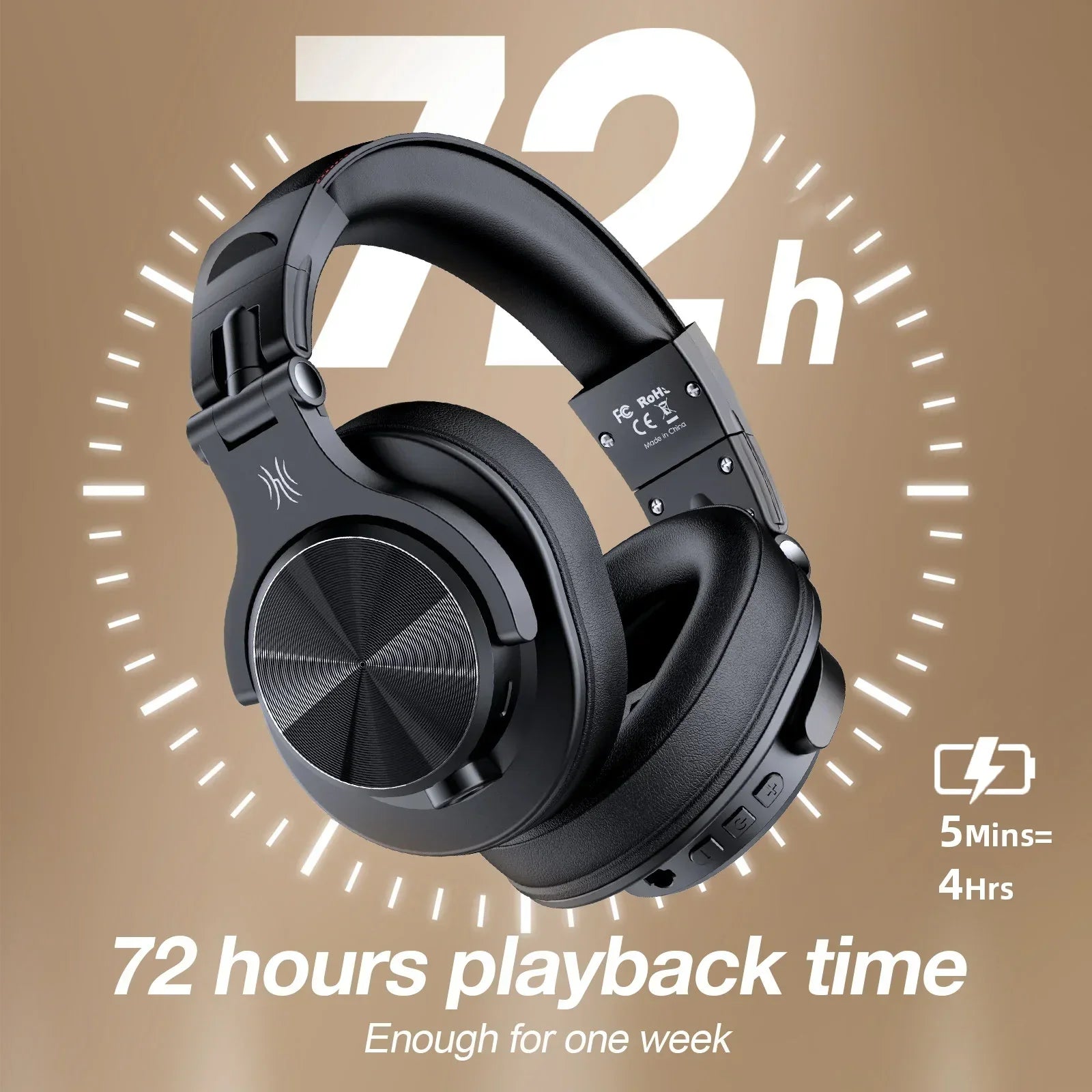 Black over-ear wireless headphones with matte finish and circular grilles oneodio fusion a70 professional studio monitor