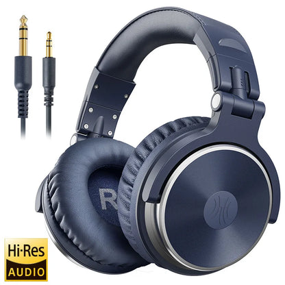 Dark blue Oneodio studio DJ headphone with black leatherette earcups, silver accents, foldable wired monitor design