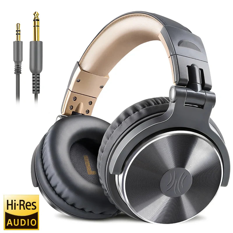 Black and gold over ear Oneodio studio DJ headphone with metallic finish padded earcups and adjustable headband for gaming music