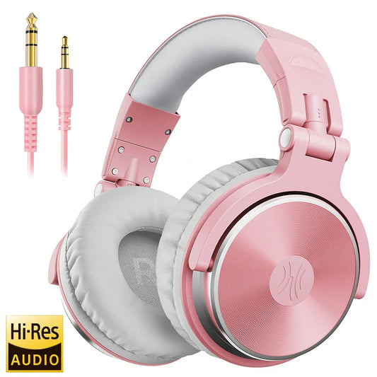 Pink oneodio over ear studio dj headphone with silver accents, white padded cushions, and wired monitor for gaming music