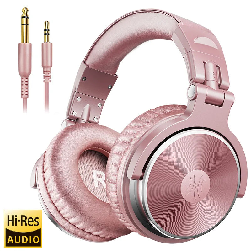Rose gold oneodio over ear headphones with padded leatherette earcups and silver accents for studio dj headphone use