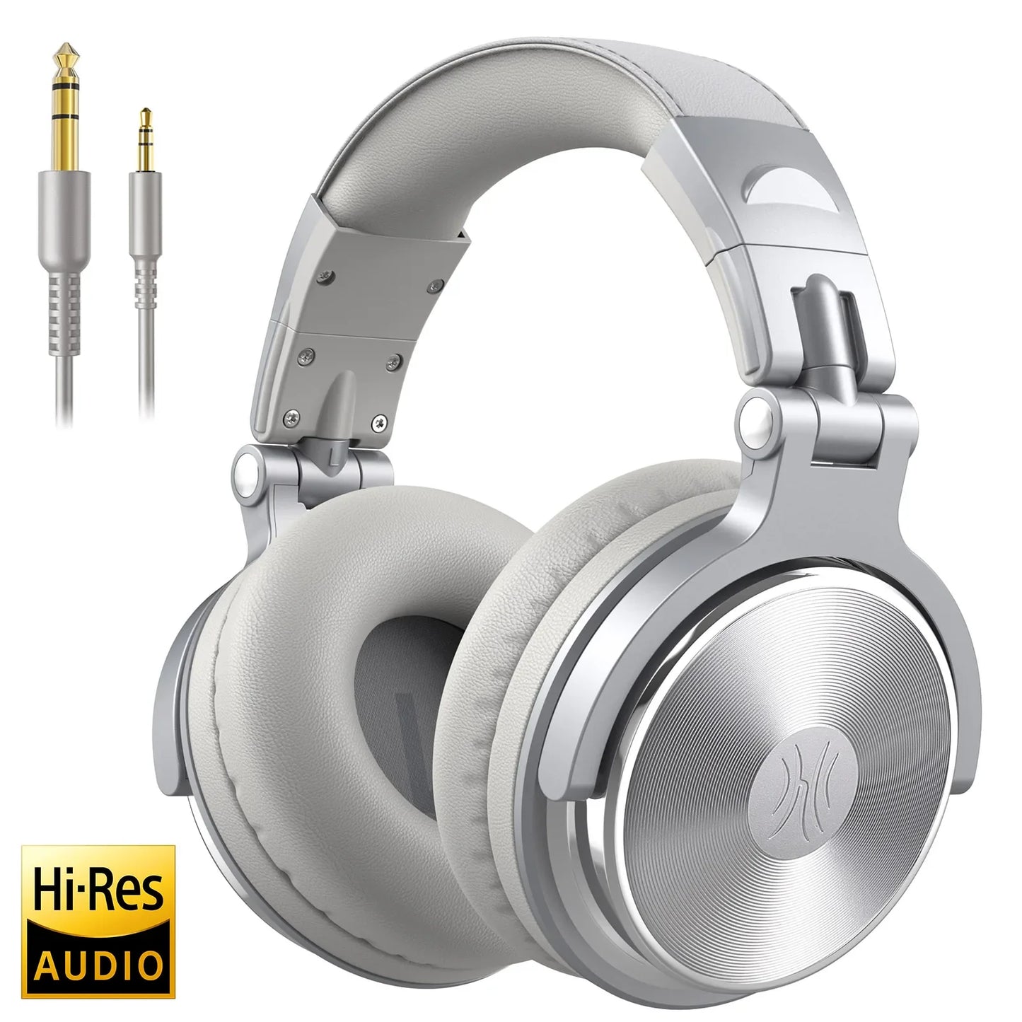 Silver oneodio over ear studio dj headphone wired monitor with padded earcups metallic finish and included cables
