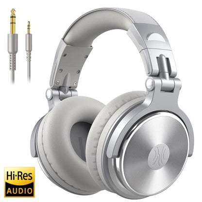 Silver oneodio over ear studio dj headphone wired monitor with padded earcups metallic finish and included cables