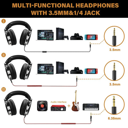 Black over ear headphones with silver accents and 3.5mm jack oneodio studio dj headphone wired monitor music gaming headset