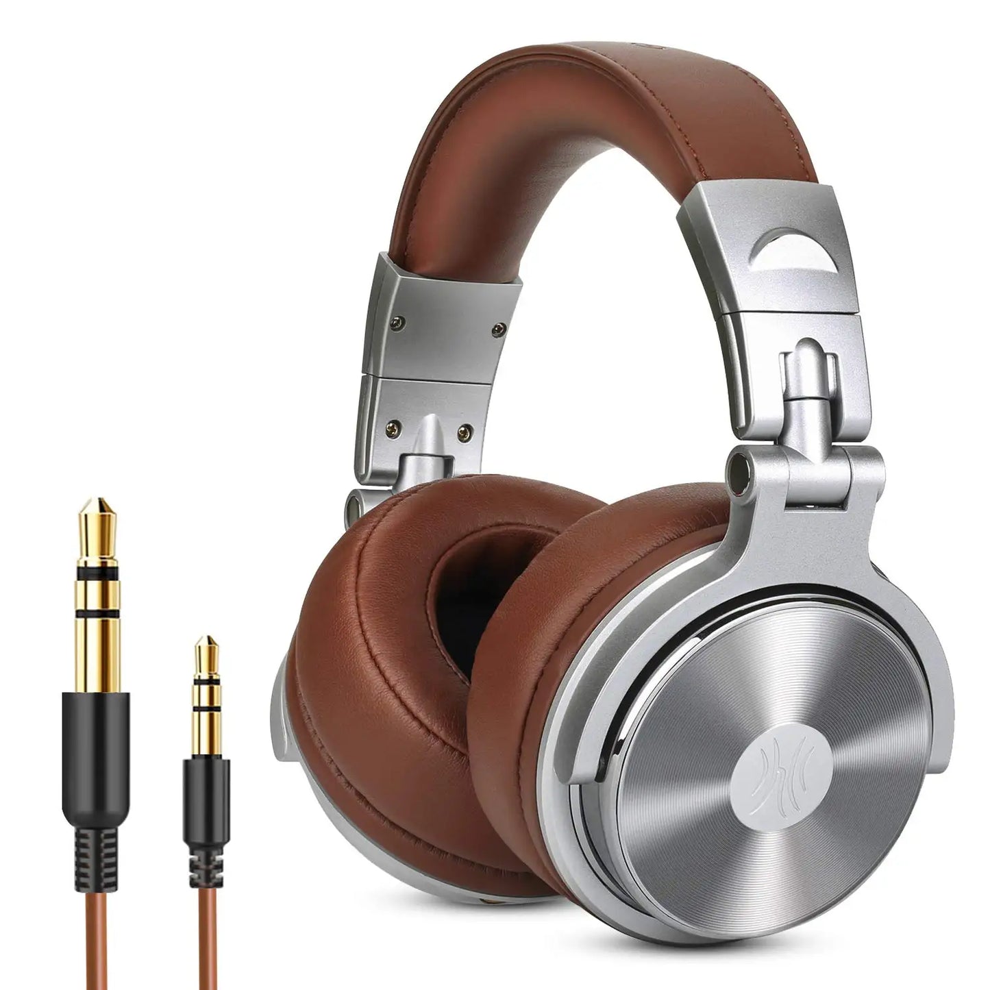 Oneodio pro 30 brown leather-trimmed studio dj headphones with silver metallic earcups wired earphones hifi foldable gaming headset