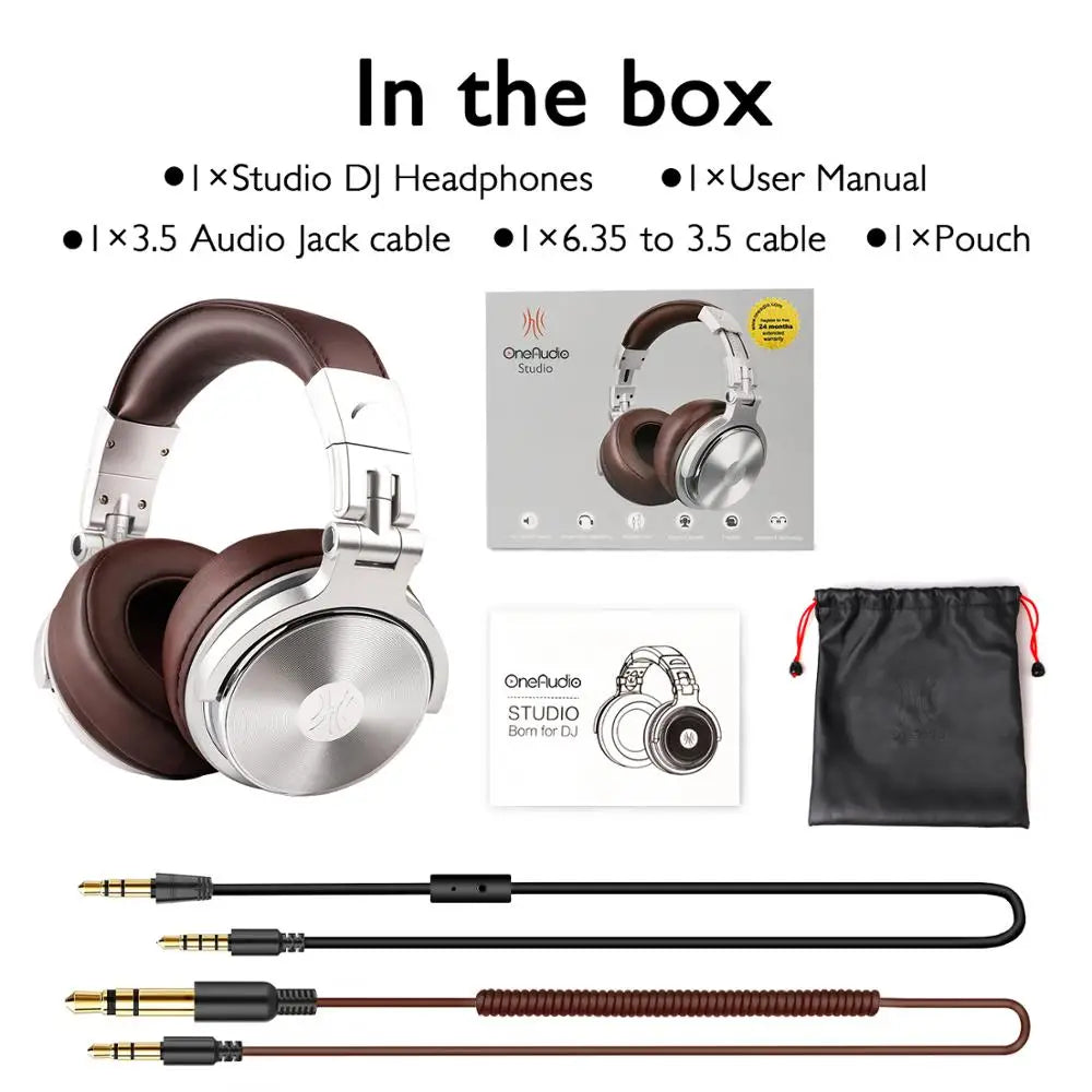 Silver and brown Oneodio Pro 30 studio DJ headphones with metallic finish padded headband wired earphones hifi foldable gaming headset