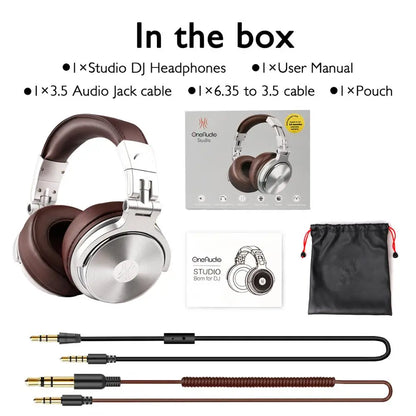 Silver and brown Oneodio Pro 30 studio DJ headphones with metallic finish padded headband wired earphones hifi foldable gaming headset