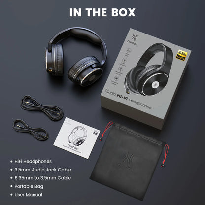 Black over-ear oneodio studio headphones with silver accents bass wired headset featuring 50mm neodymium drivers