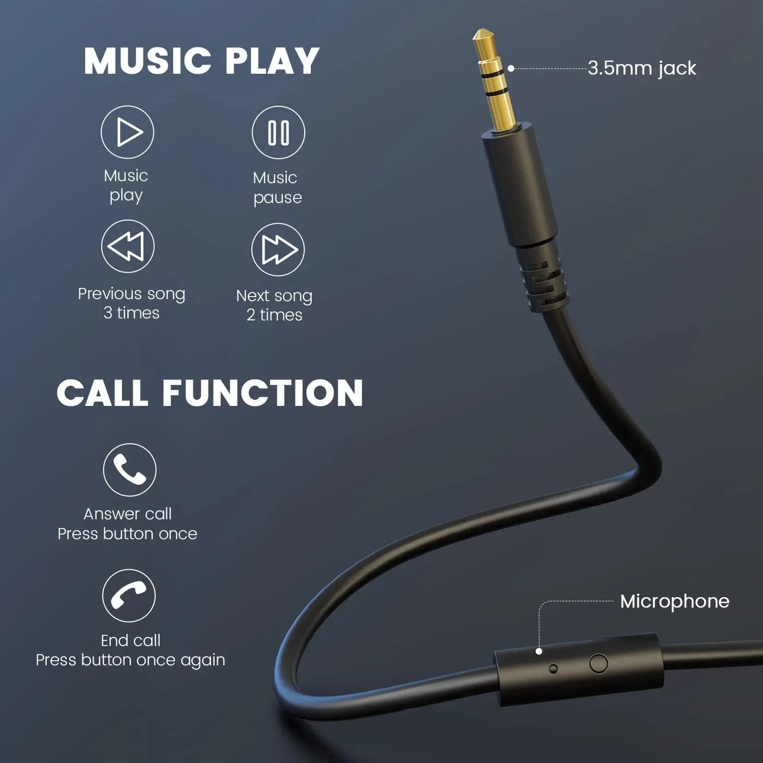 Black 3.5mm audio cable with gold-plated jack and inline control for oneodio studio hifi dual jack professional headphones