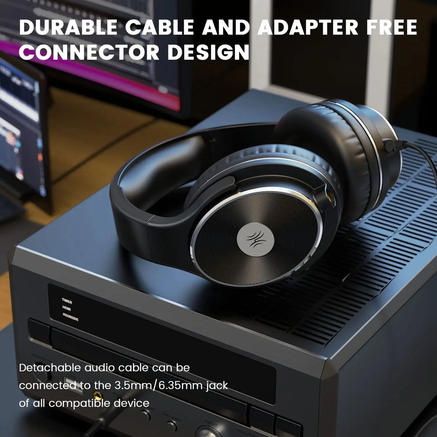 Black oneodio studio hifi closed back over ear wired headphones with metallic silver accent and dual jack professional use for mixing recording