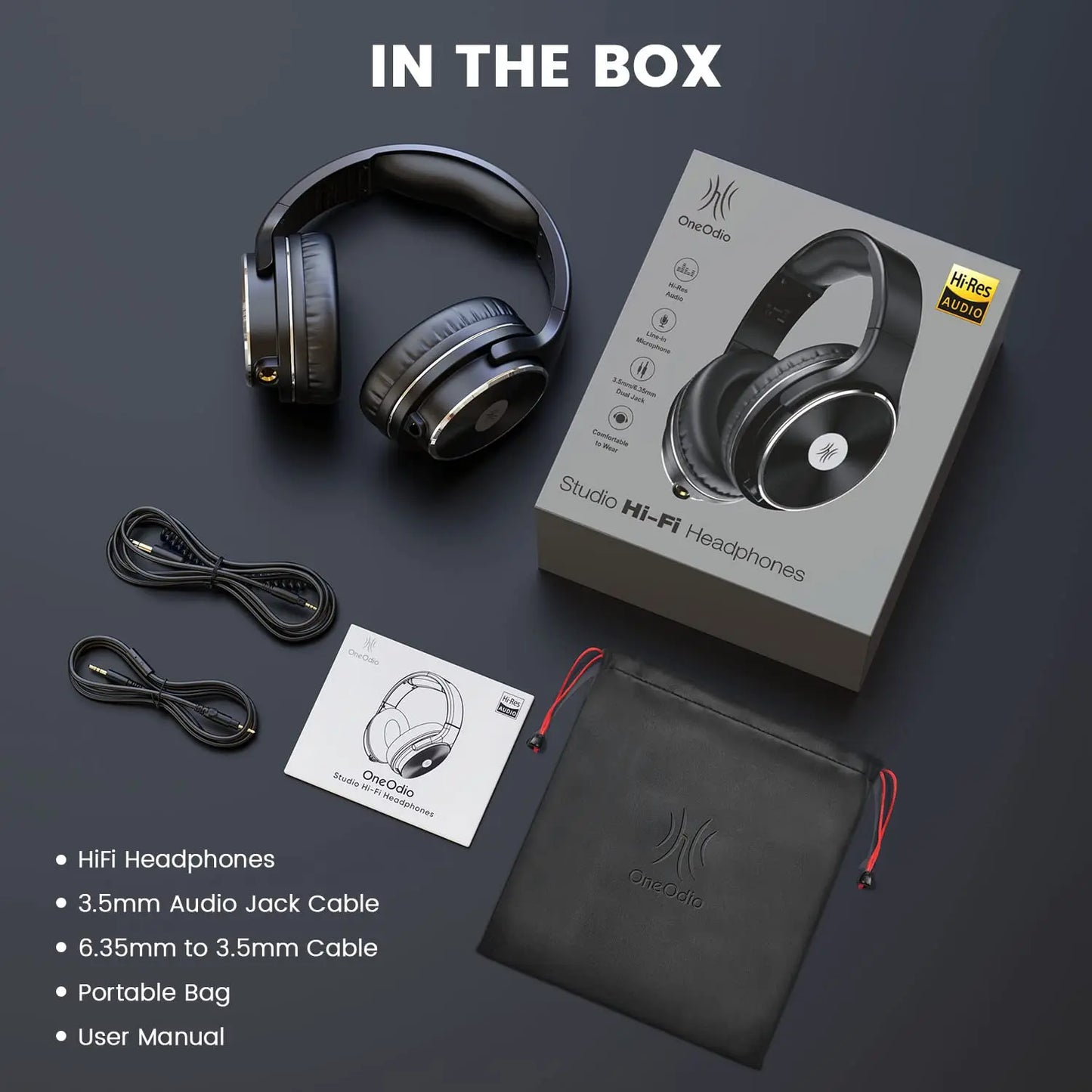 Black over-ear oneodio studio hifi headphones with metallic finish and padded earcups for mixing recording dual jack professional use