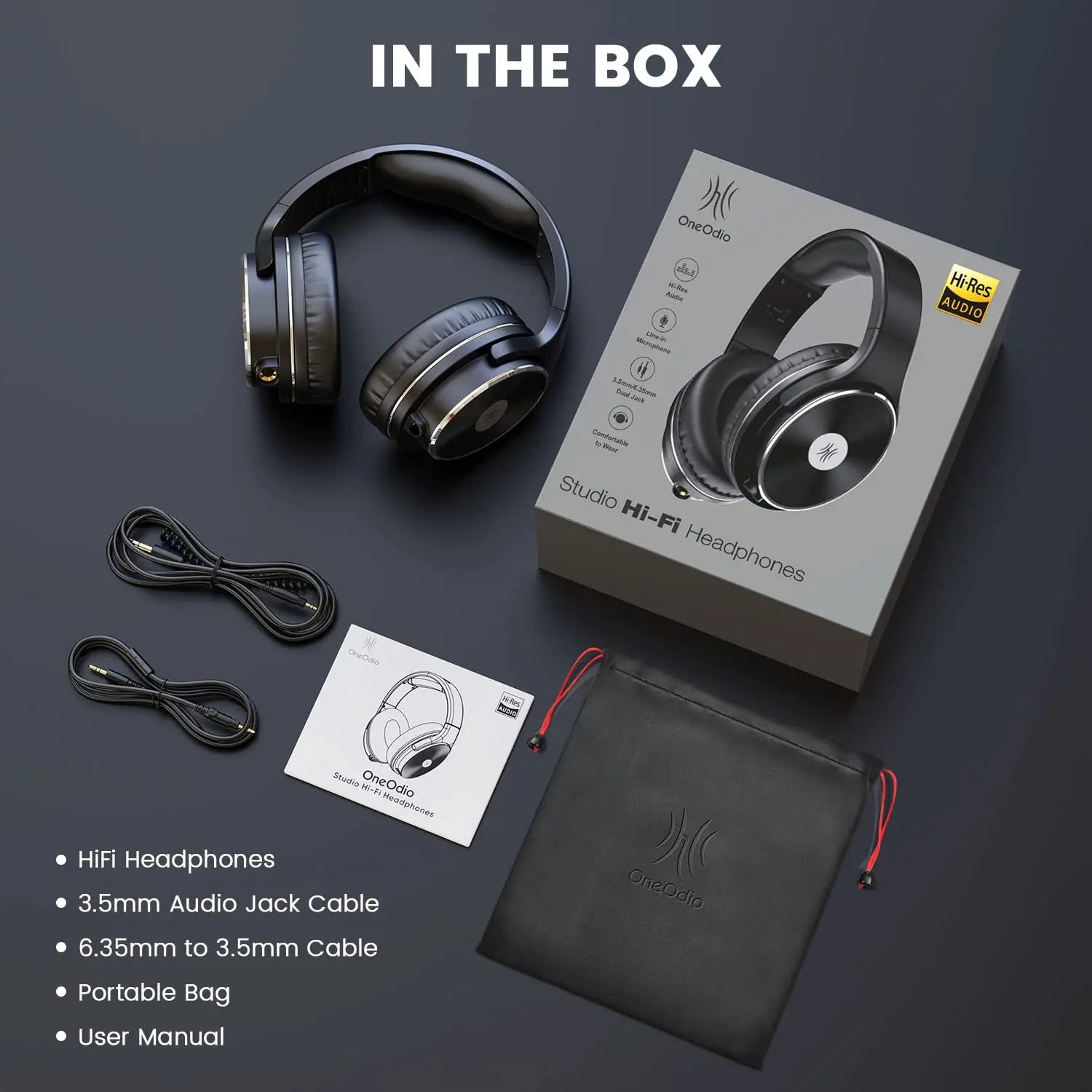 Black over-ear oneodio studio hifi headphones with metallic finish and padded earcups for mixing recording dual jack professional use