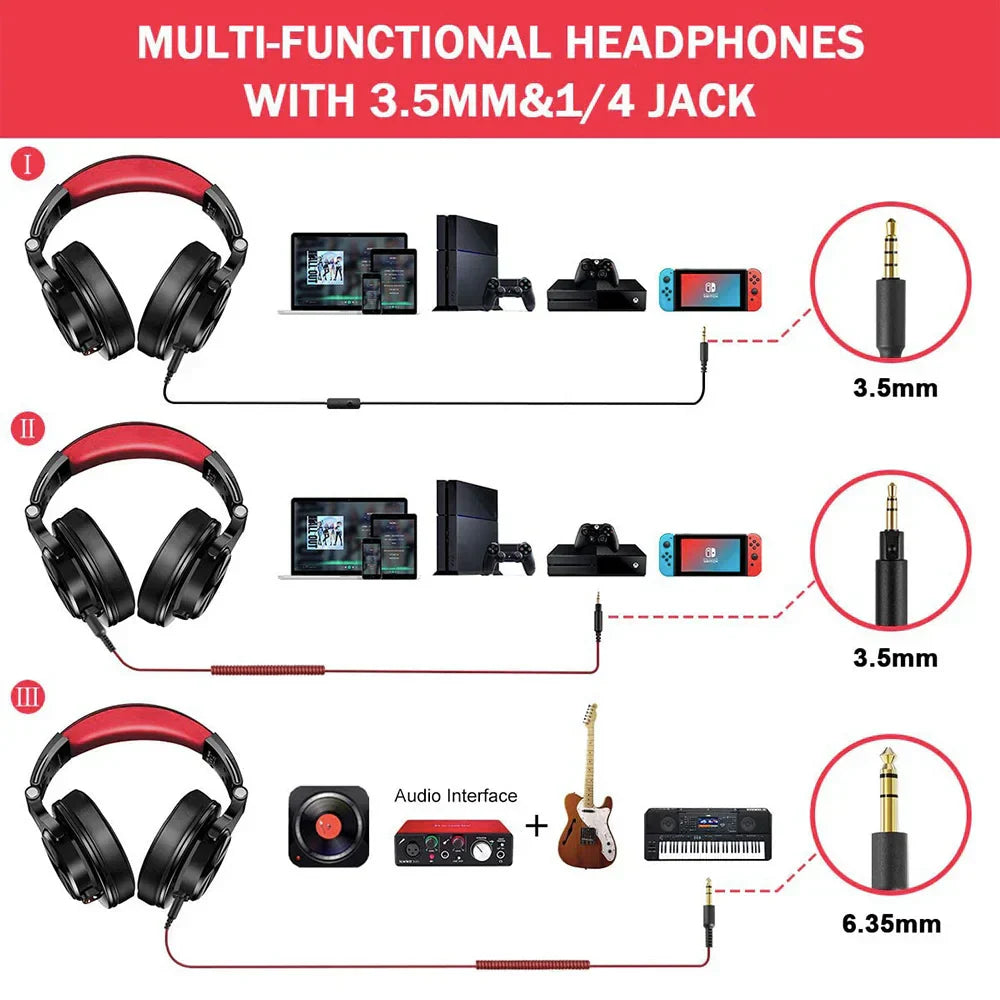 Oneodio wired over ear red and black studio dj headphones with mic and 3.5mm jack for mixing headset and type beat music