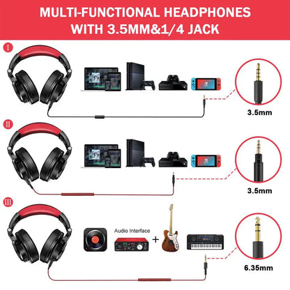 Oneodio wired over ear red and black studio dj headphones with mic and 3.5mm jack for mixing headset and type beat music