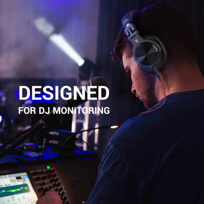 Black Oneodio wired over ear studio dj headphones with circular control panel and silver accents for mixing headset use