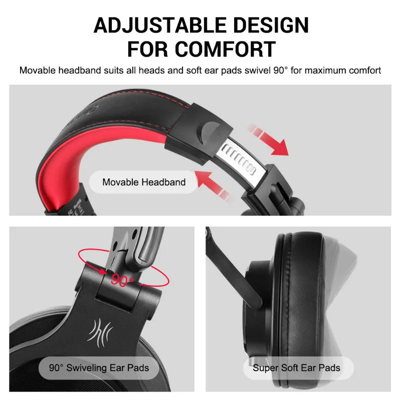 Black and red oneodio wired over ear studio dj headphones with swivel ear pads and movable headband for mixing headset use