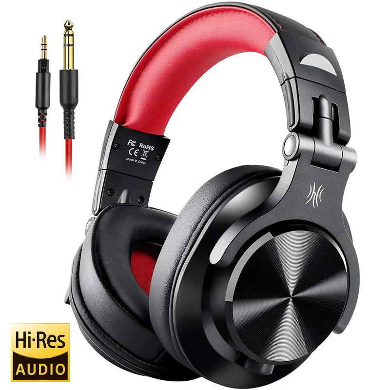Black and red Oneodio wired over ear studio dj headphones with metallic earcups and cushioned mixing headset for type beat music