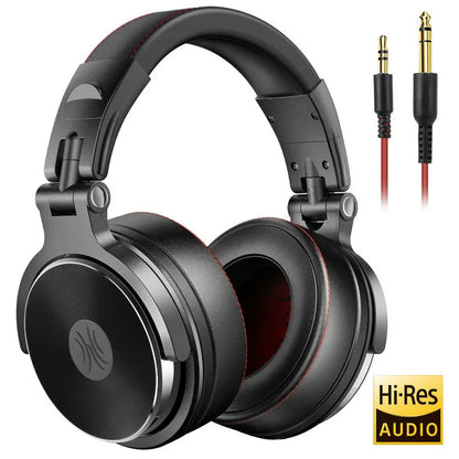Black oneodio wired professional over-ear headphones with red stitching metallic accents and ear hifi monitor certification