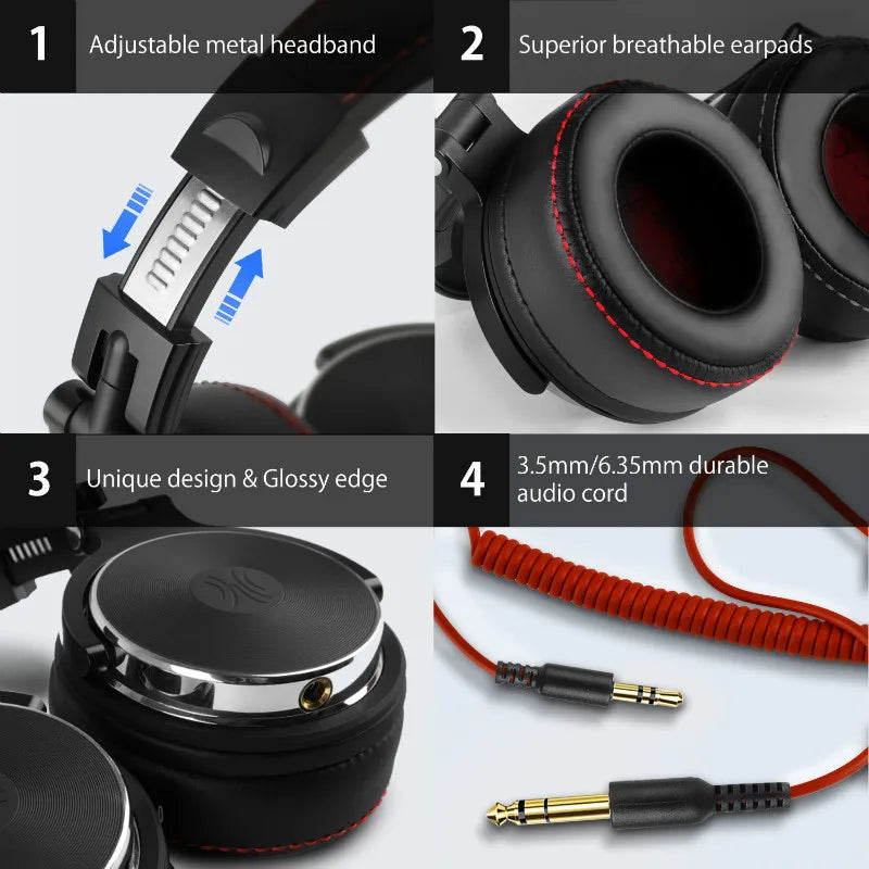 Black oneodio wired professional over-ear headphones with red stitching, metallic earcups, and coiled orange cable for ear hifi monitor music headset earphone