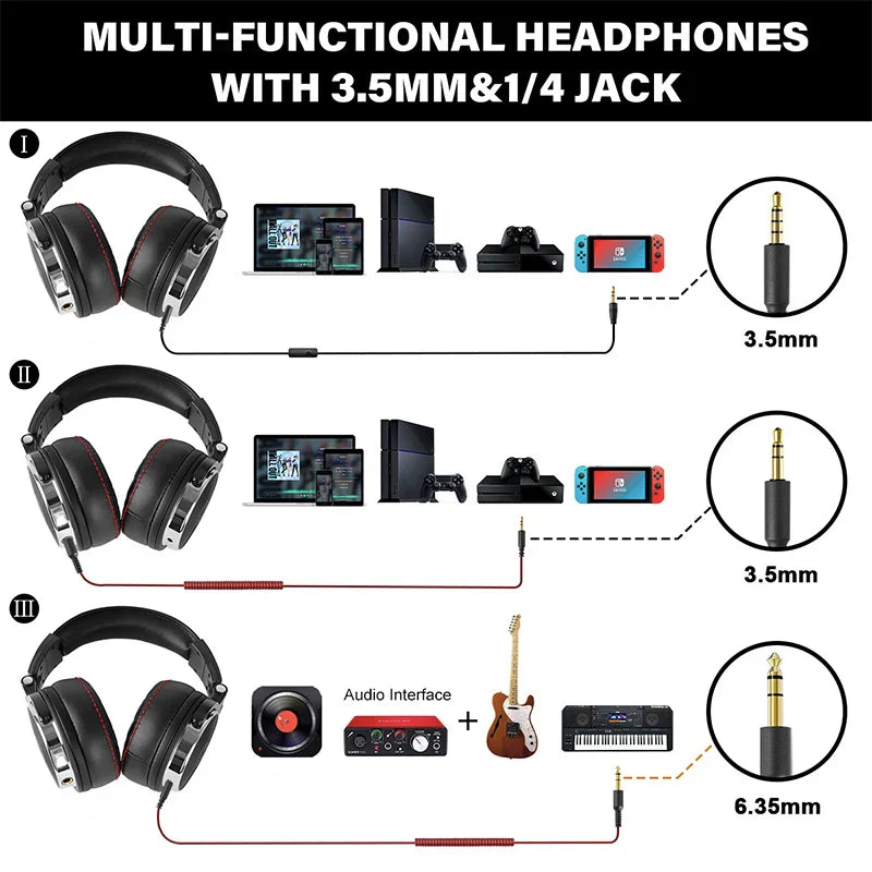 Black over-ear oneodio wired professional headphones with silver accents red-stitched earpads ear hifi monitor music headset earphone