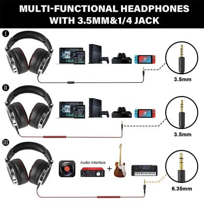 Black over-ear oneodio wired professional headphones with silver accents red-stitched earpads ear hifi monitor music headset earphone