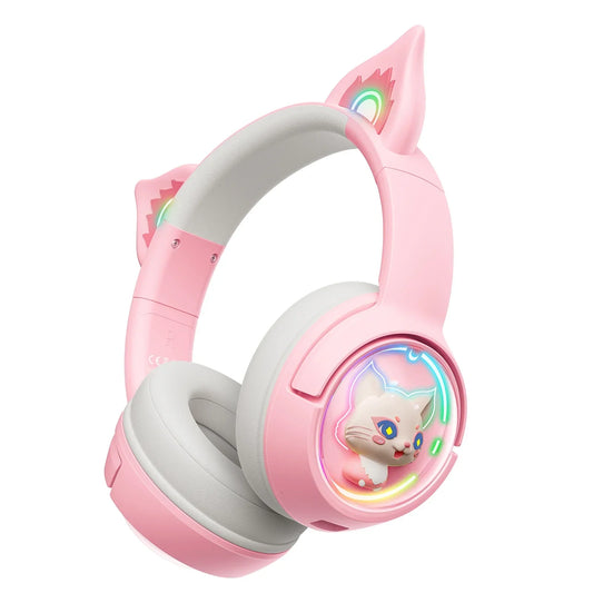 Onikuma b5 wireless pink cat ears surround sound headset with glowing rainbow accents and kitten design for music gamer headphone