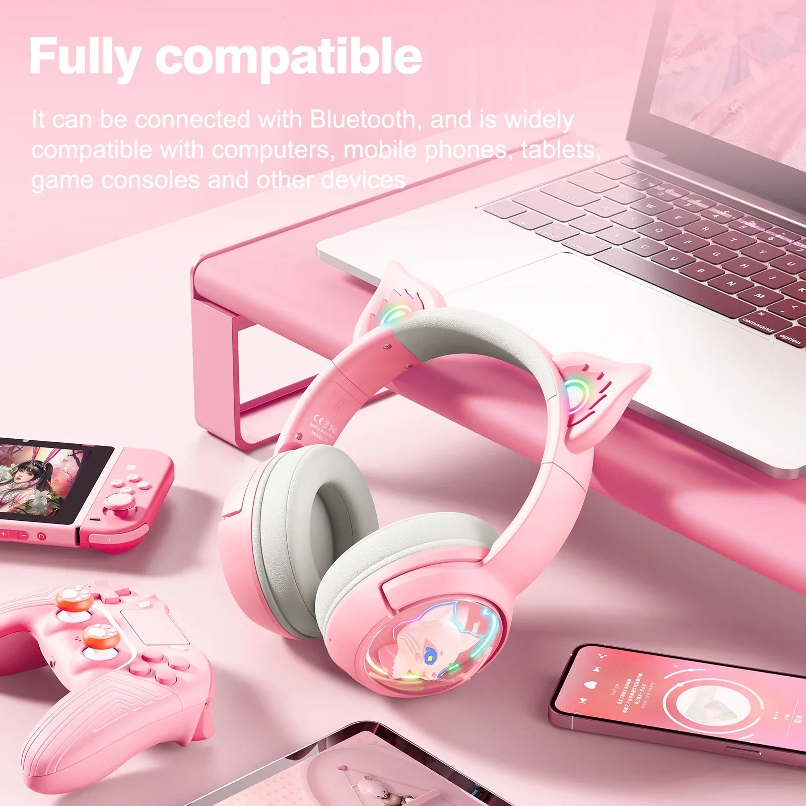 Pink onikuma b5 wireless cat ears surround sound music gamer headphone with glowing led lights and cartoon earcup design