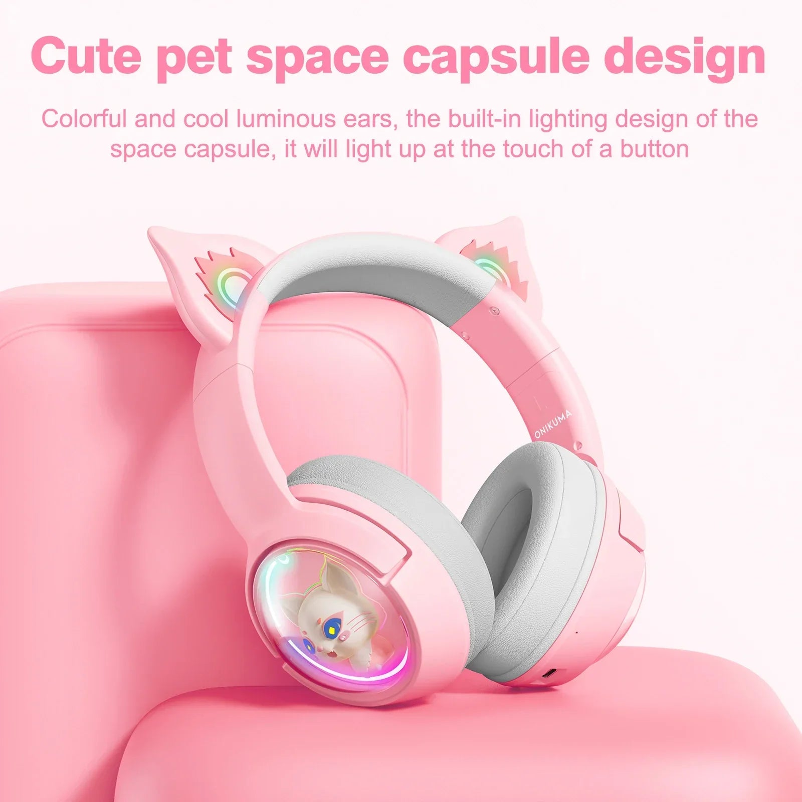 Pink onikuma b5 wireless cat ears surround sound headset with luminous rainbow ears and glowing space capsule design for gaming and music