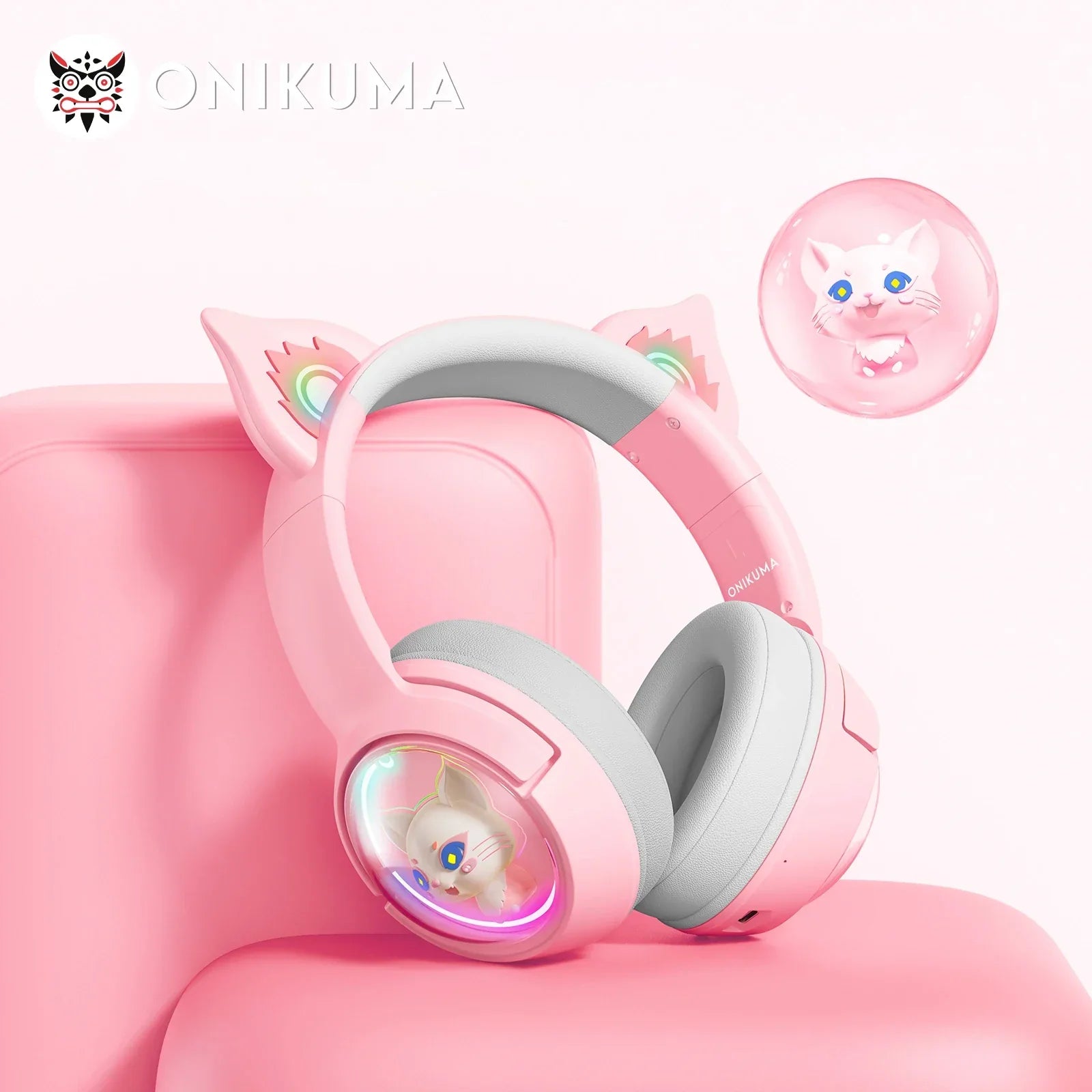 Pink onikuma b5 wireless cat ears surround sound headphone with glowing rainbow accents and animated kitten display for gaming and music